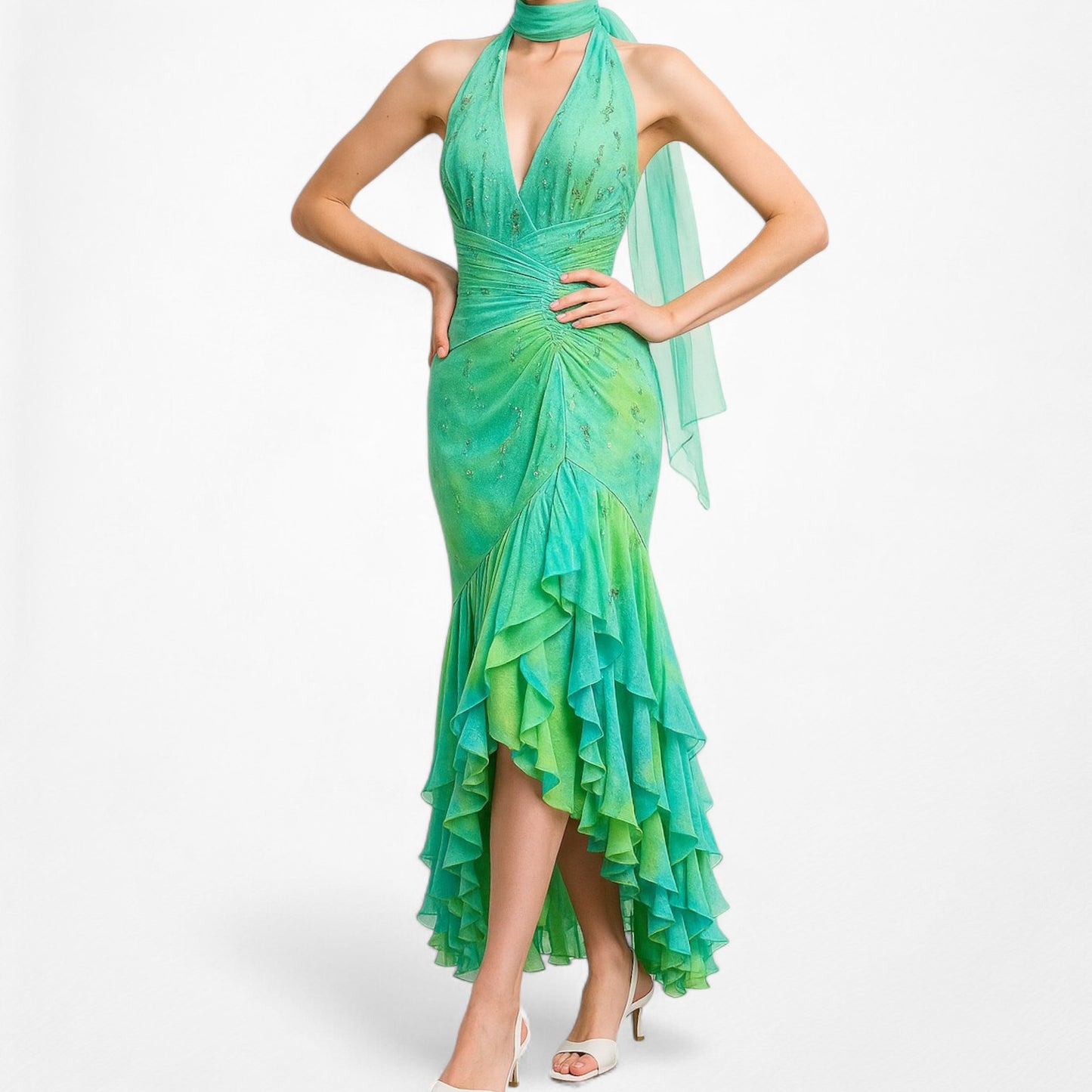 Vintage Y2K Blue Green Halter Neck Ruffle Beaded Midi Dress Size S/M