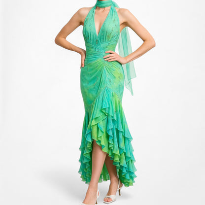 Vintage Y2K Blue Green Halter Neck Ruffle Beaded Midi Dress Size S/M