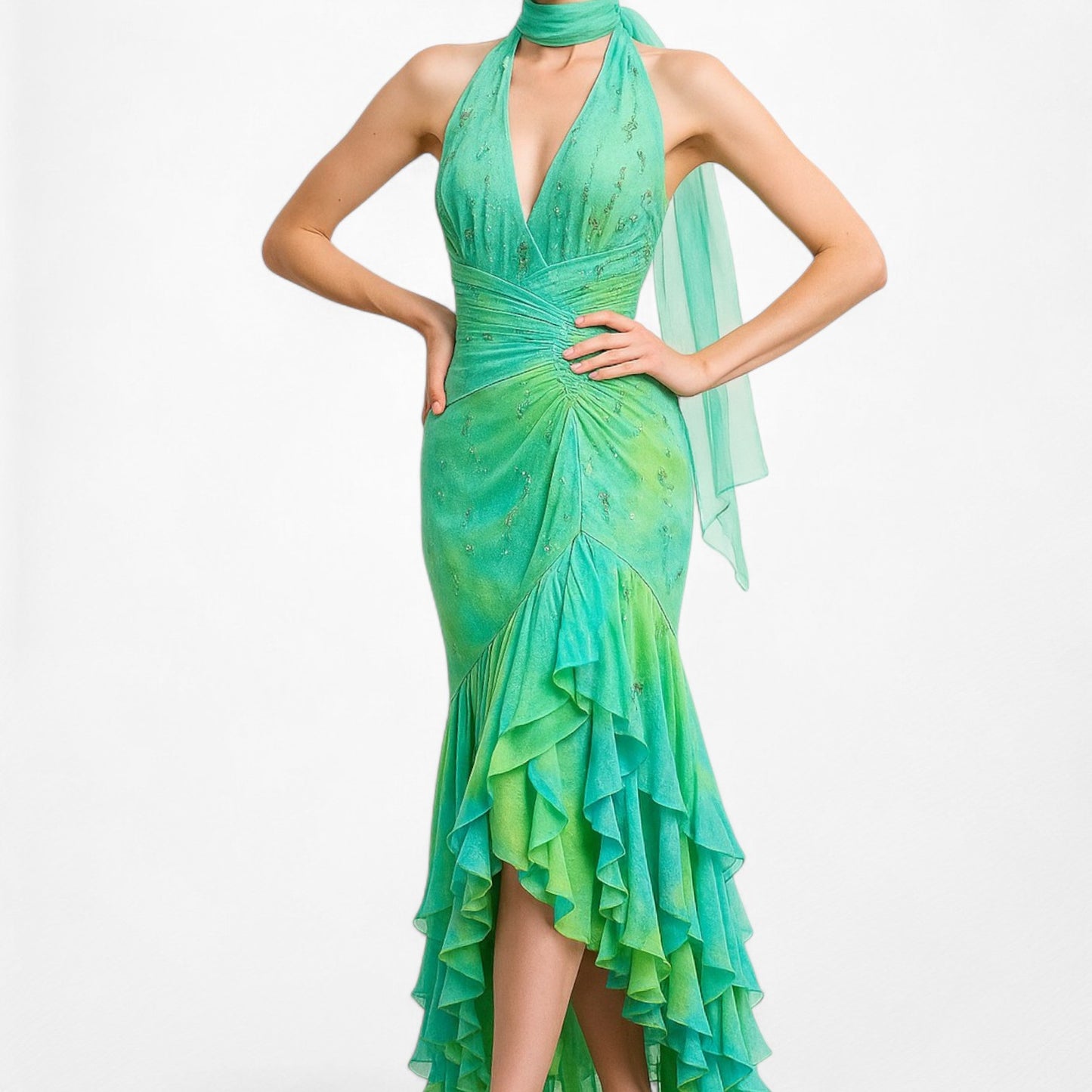 Vintage Y2K Blue Green Halter Neck Ruffle Beaded Midi Dress Size S/M