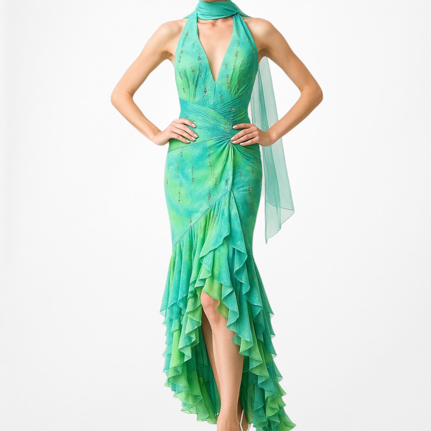 Vintage Y2K Blue Green Halter Neck Ruffle Beaded Midi Dress Size S/M