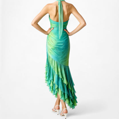 Vintage Y2K Blue Green Halter Neck Ruffle Beaded Midi Dress Size S/M