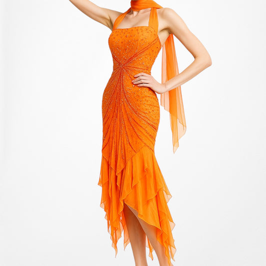 Vintage Orange Silk Beaded Halter Knee Length Ruffle Hem Bodycon Dress Size XS