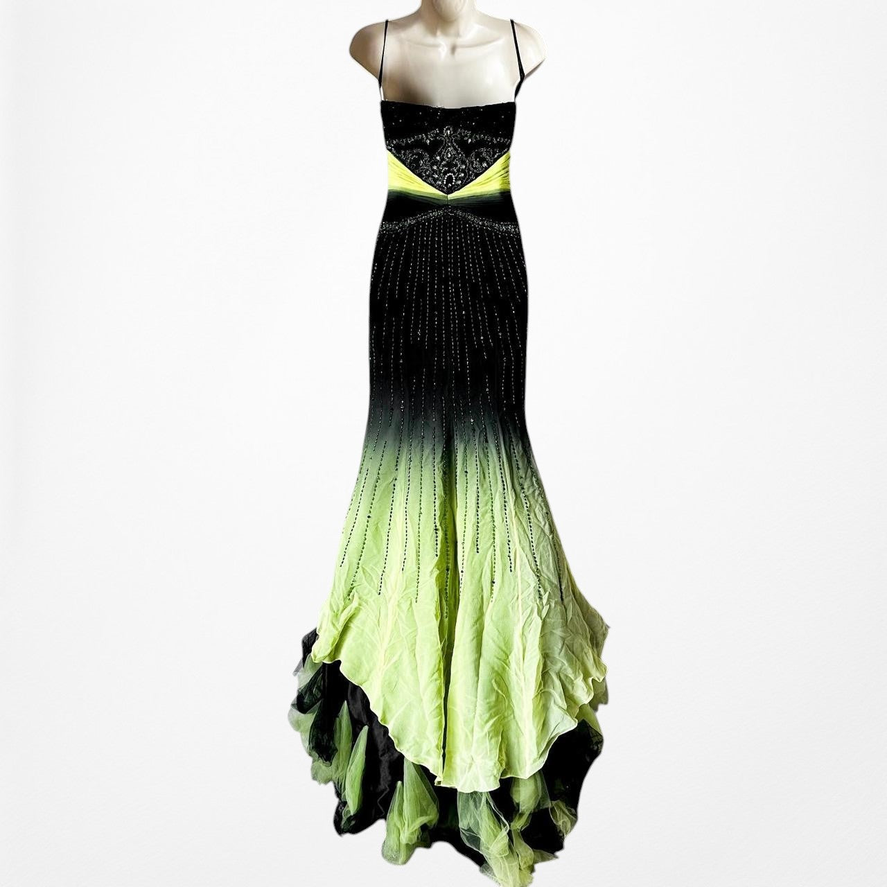 Vintage Black Green Strapless Silk Beaded Tulle Bodycon Maxi Prom Dress Size XS