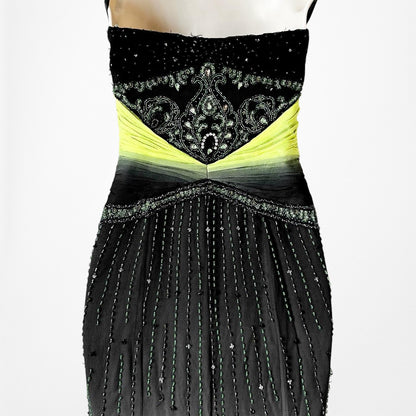 Vintage Black Green Strapless Silk Beaded Tulle Bodycon Maxi Prom Dress Size XS