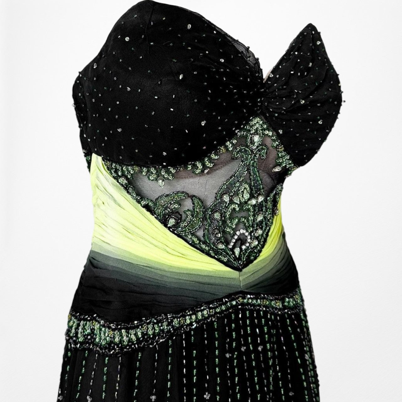 Vintage Black Green Strapless Silk Beaded Tulle Bodycon Maxi Prom Dress Size XS