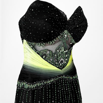 Vintage Black Green Strapless Silk Beaded Tulle Bodycon Maxi Prom Dress Size XS