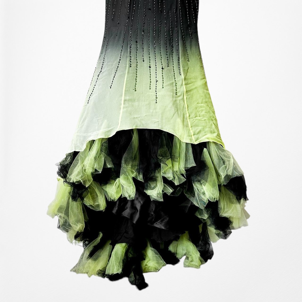 Vintage Black Green Strapless Silk Beaded Tulle Bodycon Maxi Prom Dress Size XS