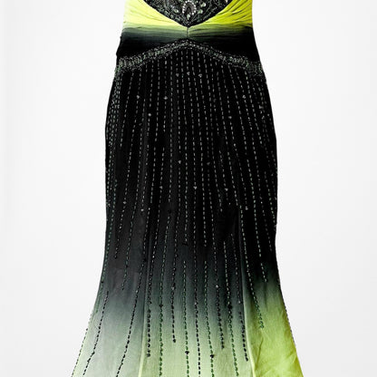 Vintage Black Green Strapless Silk Beaded Tulle Bodycon Maxi Prom Dress Size XS