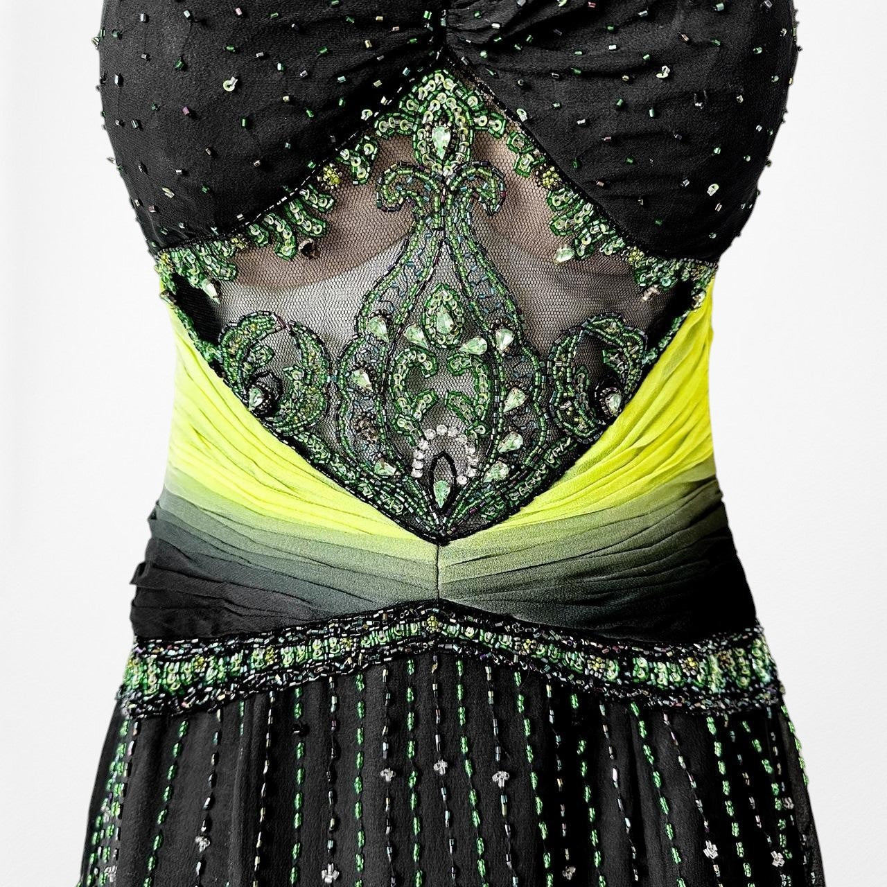 Vintage Black Green Strapless Silk Beaded Tulle Bodycon Maxi Prom Dress Size XS