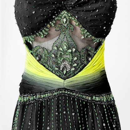 Vintage Black Green Strapless Silk Beaded Tulle Bodycon Maxi Prom Dress Size XS