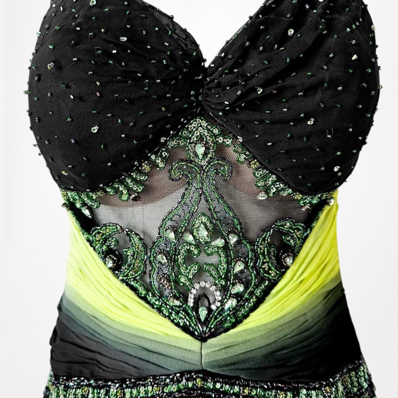 Vintage Black Green Strapless Silk Beaded Tulle Bodycon Maxi Prom Dress Size XS