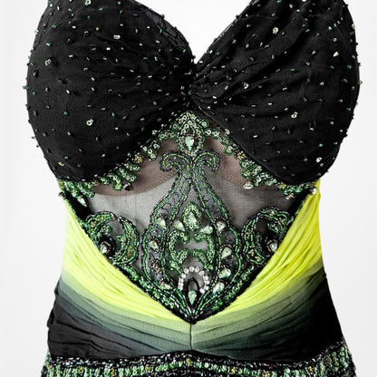 Vintage Black Green Strapless Silk Beaded Tulle Bodycon Maxi Prom Dress Size XS