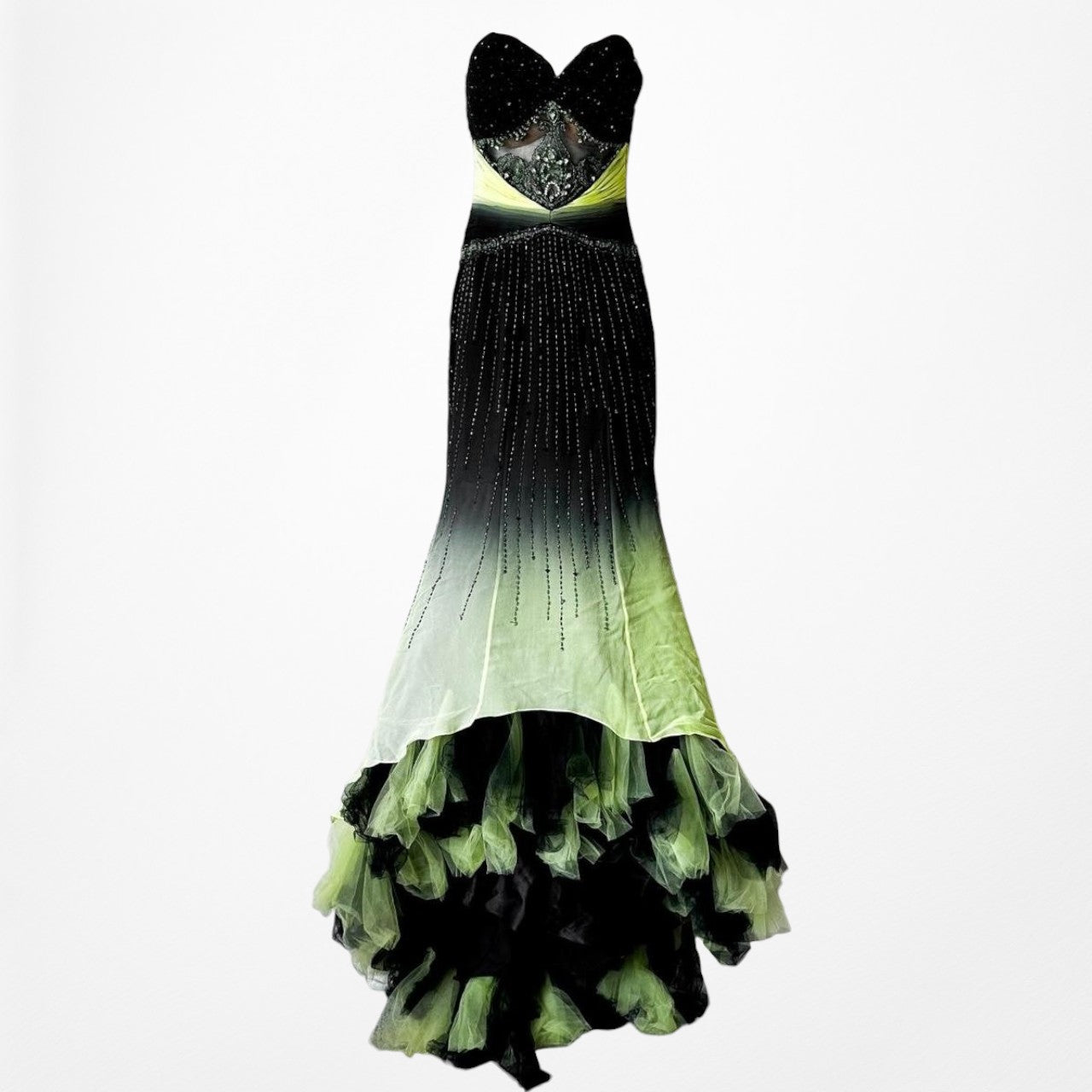 Vintage Black Green Strapless Silk Beaded Tulle Bodycon Maxi Prom Dress Size XS