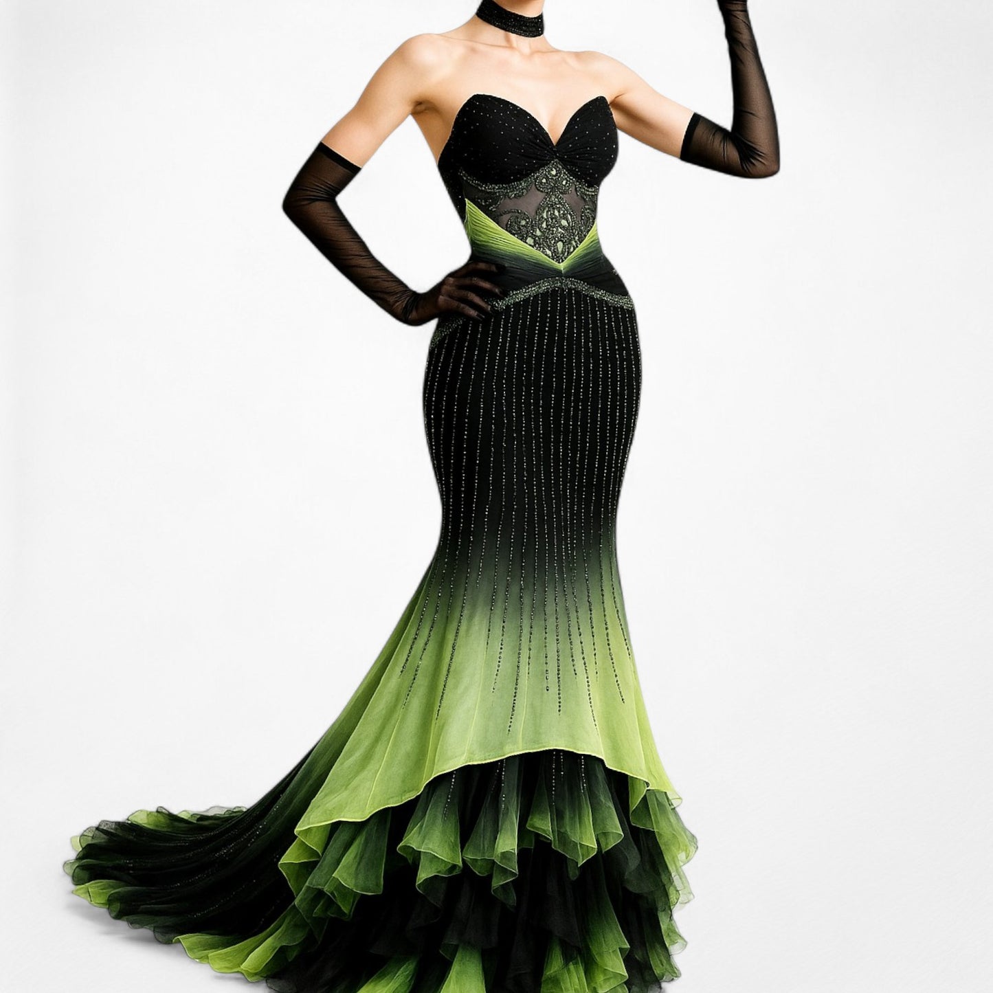 Vintage Black Green Strapless Silk Beaded Tulle Bodycon Maxi Prom Dress Size XS