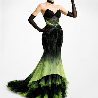 Vintage Black Green Strapless Silk Beaded Tulle Bodycon Maxi Prom Dress Size XS