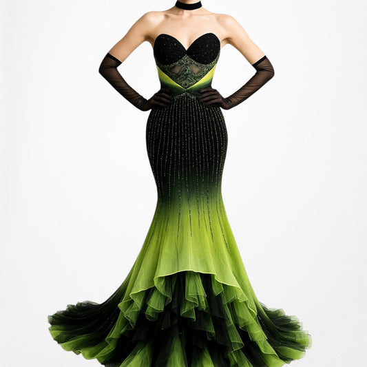 Vintage Black Green Strapless Silk Beaded Tulle Bodycon Maxi Prom Dress Size XS