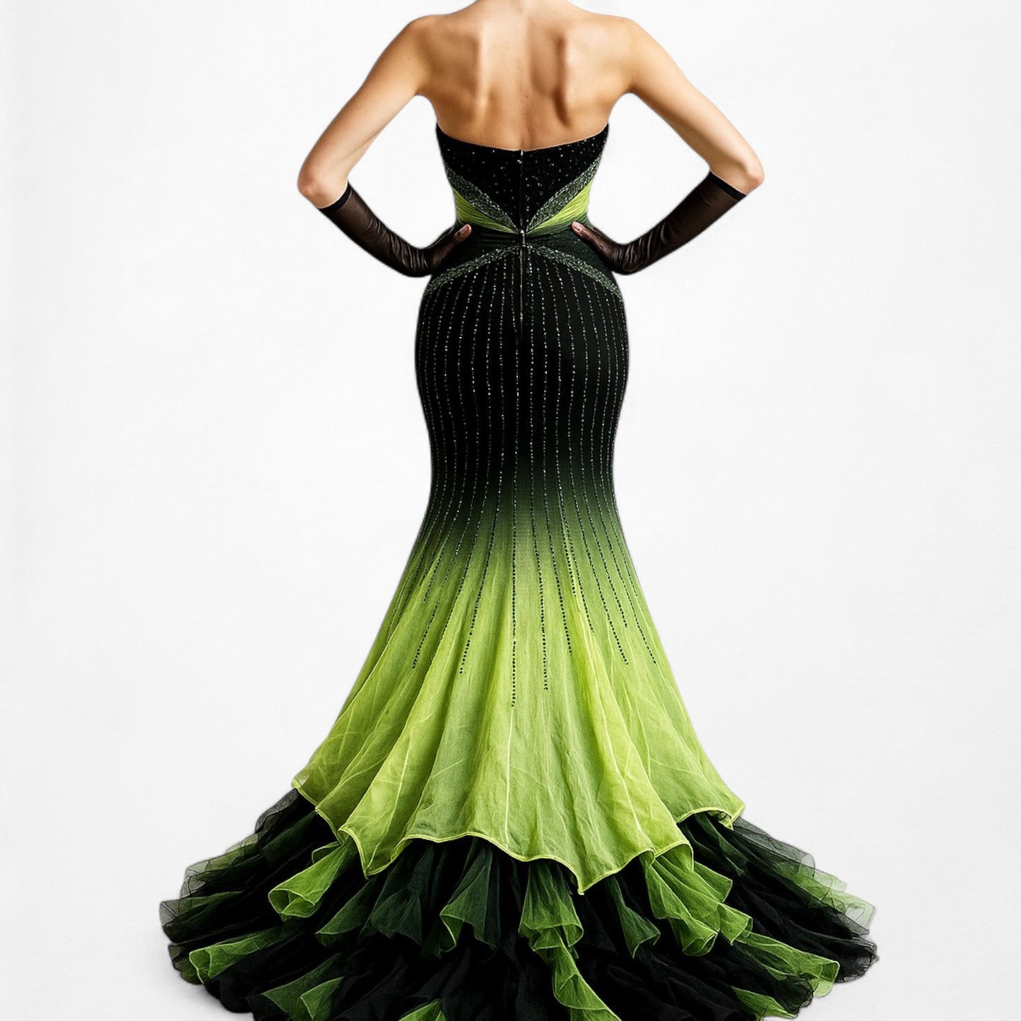 Vintage Black Green Strapless Silk Beaded Tulle Bodycon Maxi Prom Dress Size XS