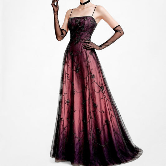 Vintage Brown Gradient Satin Floral Beaded Mesh Maxi Prom Dress Size S