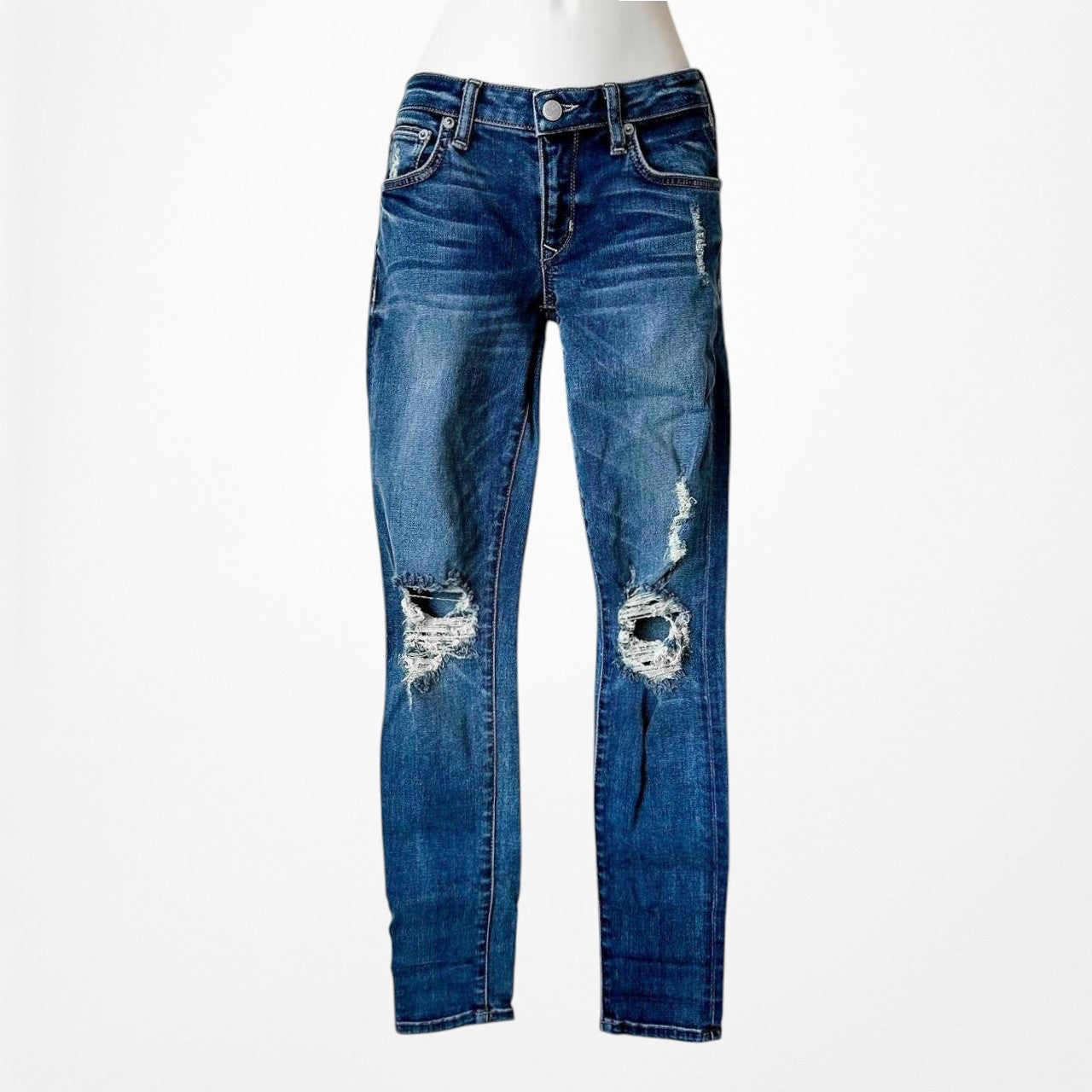 Lovers & Friends Dark Wash Denim Ripped Knee Mid Rise Skinny Jeans Size XS