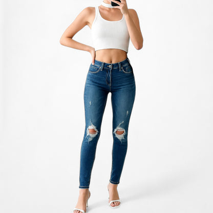 Regalect Dark Wash Ripped Knees Mid Rise Denim Distressed Skinny Jeans Size XS