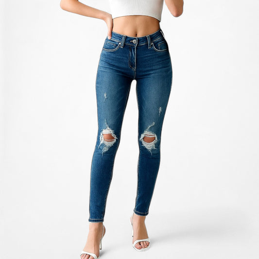 Regalect Dark Wash Ripped Knees Mid Rise Denim Distressed Skinny Jeans Size XS