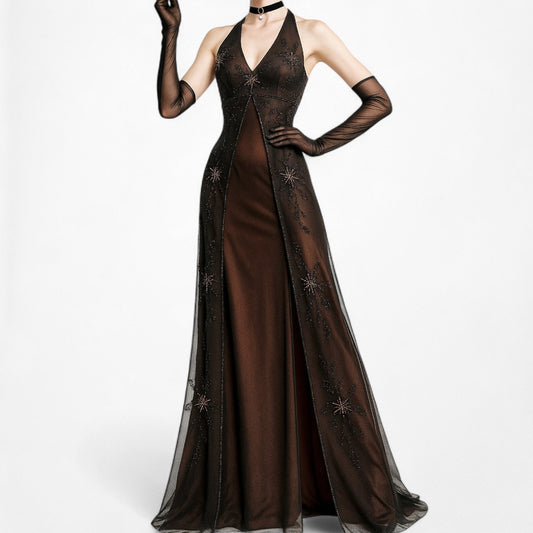 Vintage Brown Floral Beaded Halter Babydoll Mesh Maxi Prom Dress Size M/L