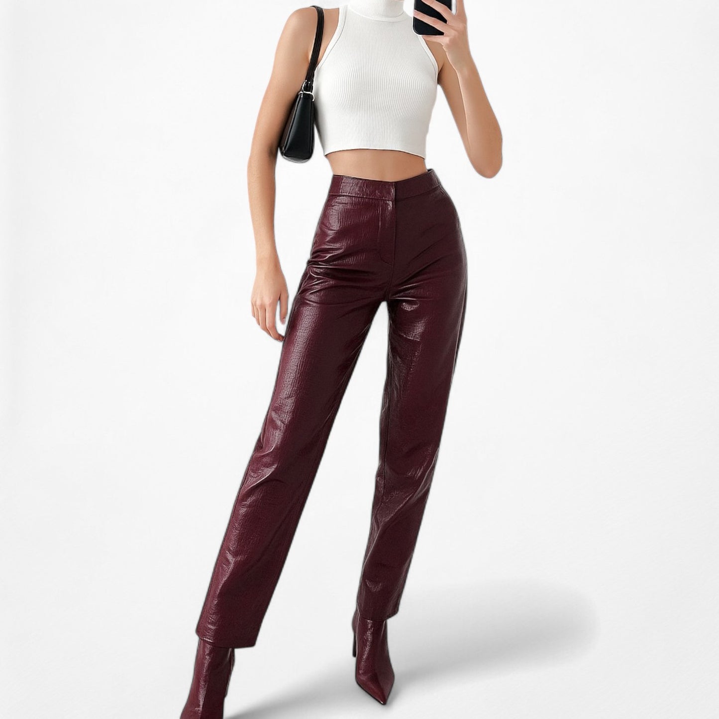 Zara Burgundy Red High Waisted Animal Snake Print Faux Leather Pants Size S/M