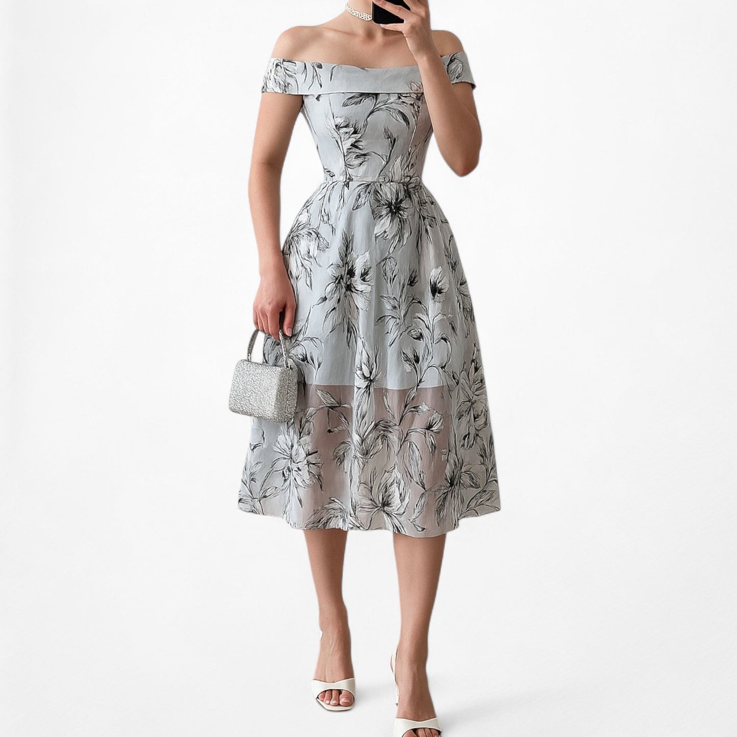 Blue Gray Floral Sheer Organza Off The Shoulder Flared Knee Length Dress Size XS