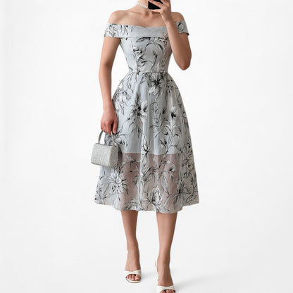Blue Gray Floral Sheer Organza Off The Shoulder Flared Knee Length Dress Size XS