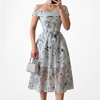 Blue Gray Floral Sheer Organza Off The Shoulder Flared Knee Length Dress Size XS