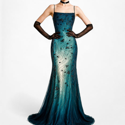 Vintage Blue Floral Beaded Mesh Ombre Satin Maxi Bodycon Formal Prom Dress Size M