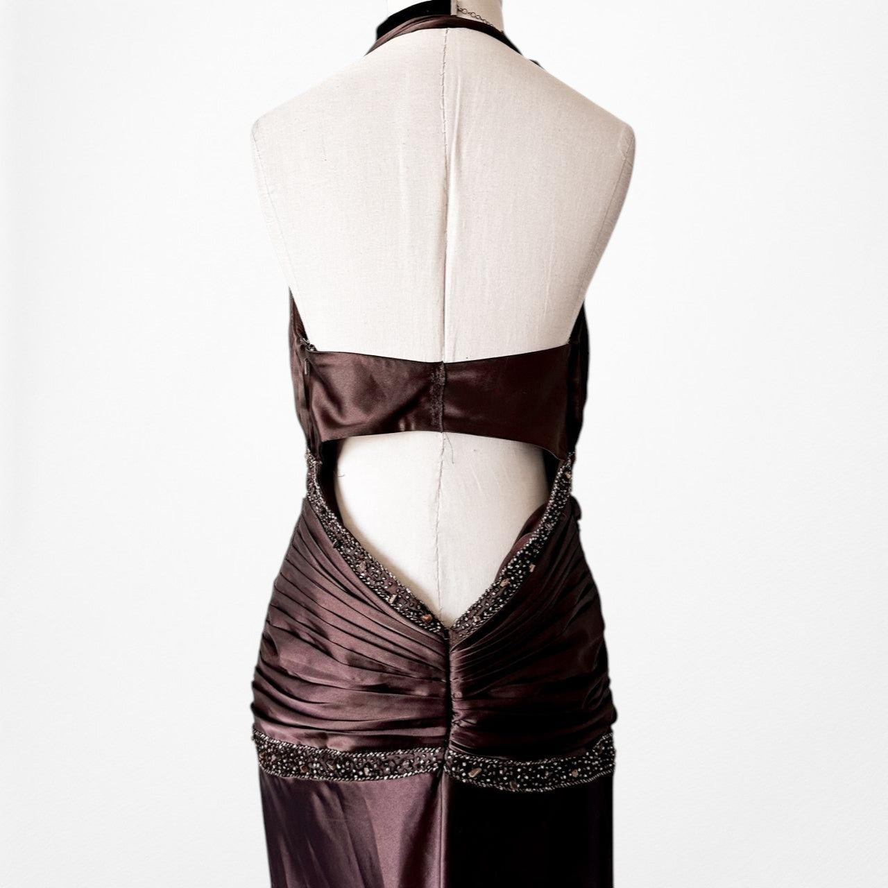 Vintage Brown Halter Beaded Satin Fit Flared Pleated Maxi Prom Dress Size L/XL