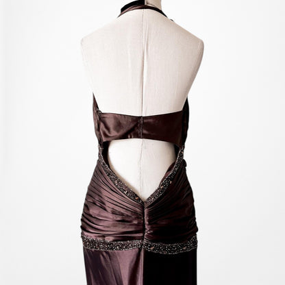 Vintage Brown Halter Beaded Satin Fit Flared Pleated Maxi Prom Dress Size L/XL