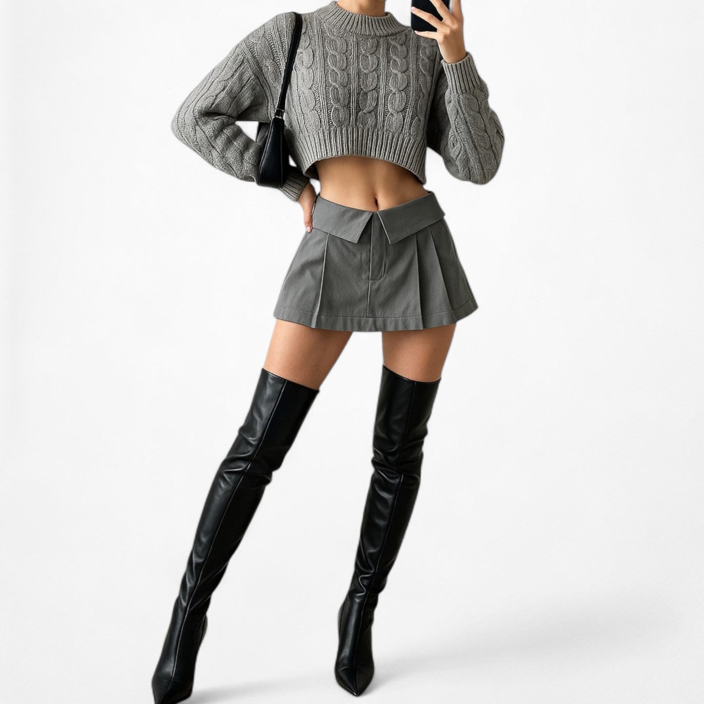 Gray Mid Rise Pleated Flared Skater Mini Skirt Skort Size S