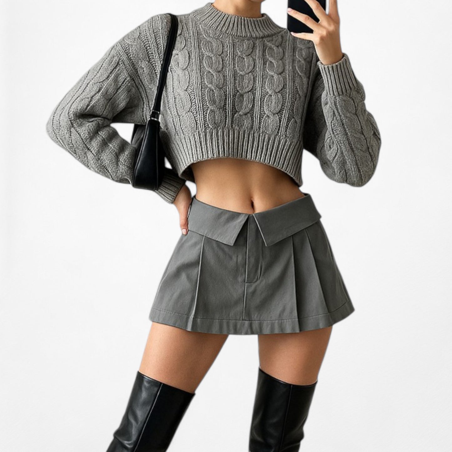 Gray Mid Rise Pleated Flared Skater Mini Skirt Skort Size S