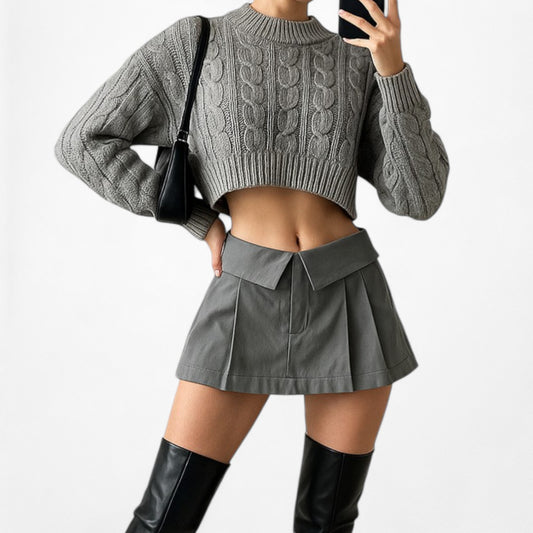 Gray Mid Rise Pleated Flared Skater Mini Skirt Skort Size S