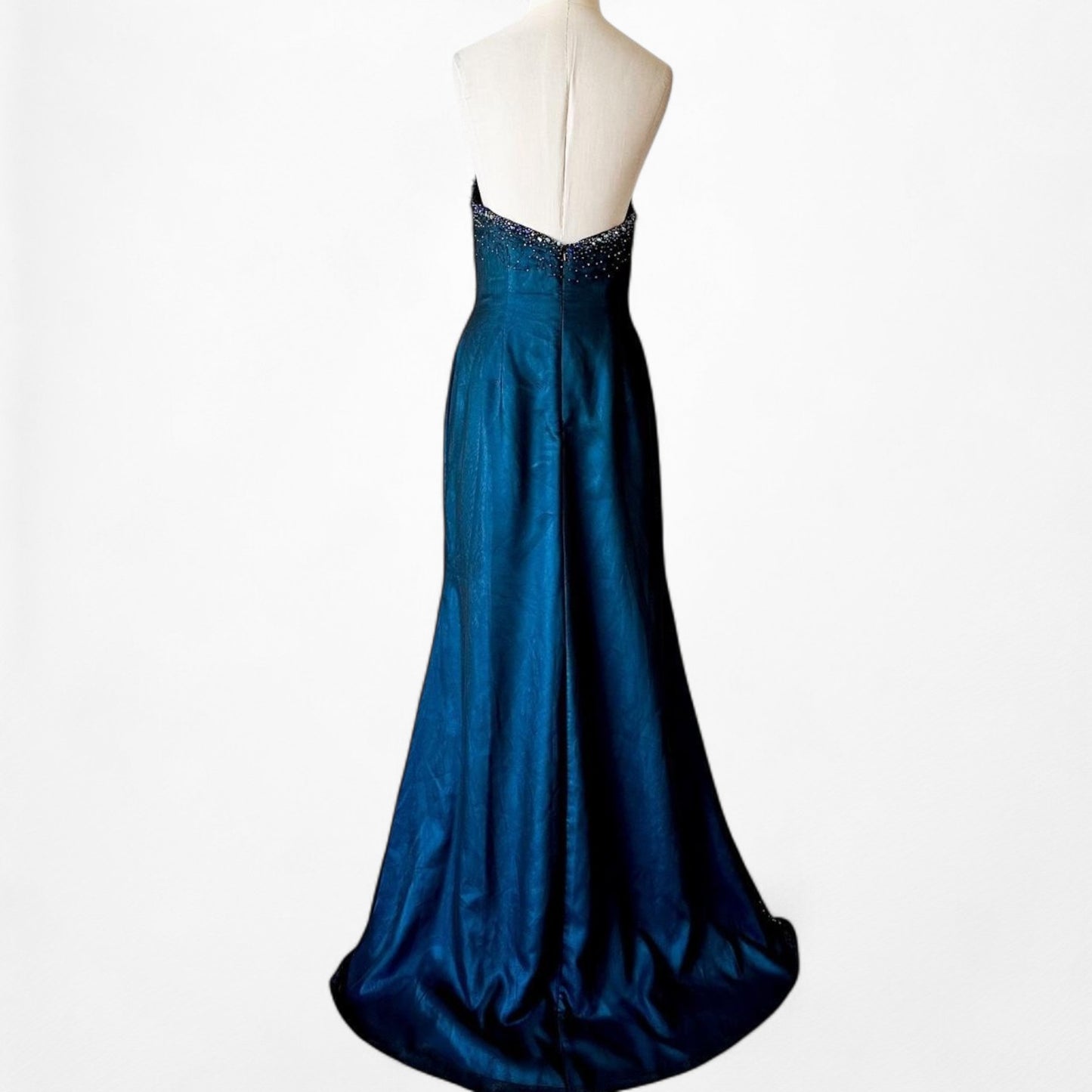 Vintage Navy Blue Strapless Beaded Mesh High Low Maxi Prom Dress Size M