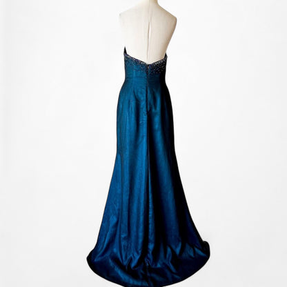 Vintage Navy Blue Strapless Beaded Mesh High Low Maxi Prom Dress Size M