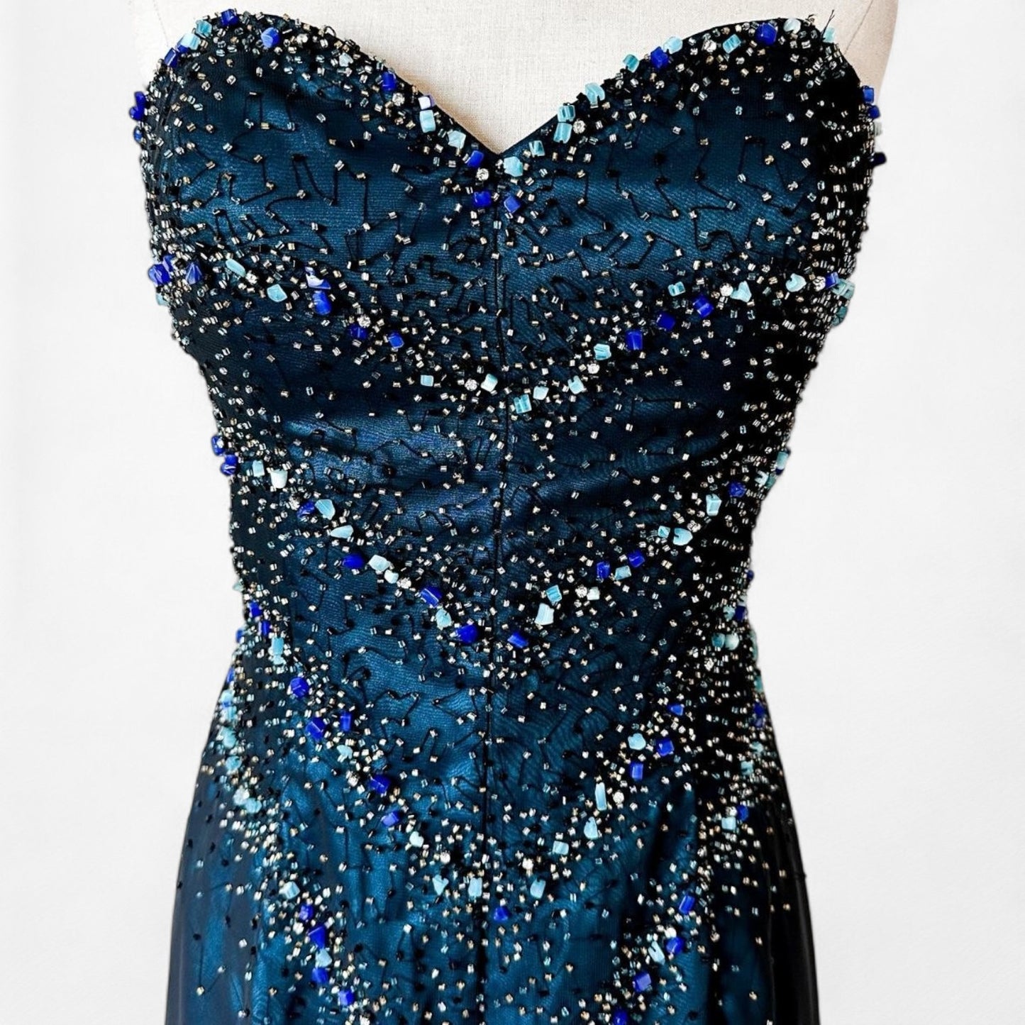 Vintage Navy Blue Strapless Beaded Mesh High Low Maxi Prom Dress Size M