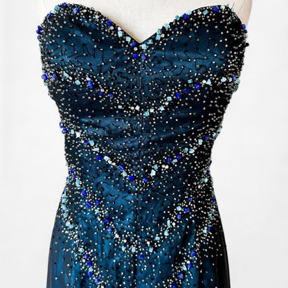 Vintage Navy Blue Strapless Beaded Mesh High Low Maxi Prom Dress Size M