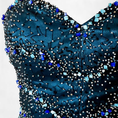 Vintage Navy Blue Strapless Beaded Mesh High Low Maxi Prom Dress Size M