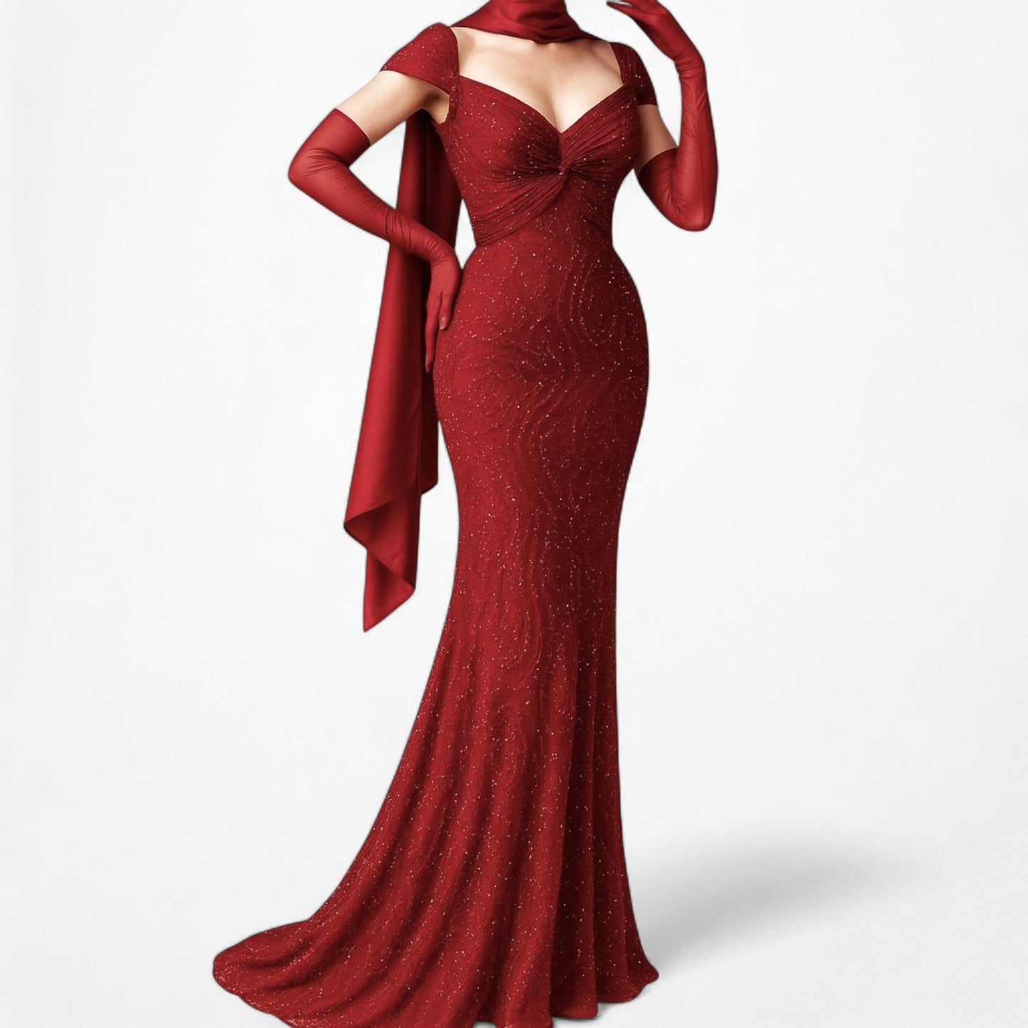 Vintage Red Beaded Fit Flared Silk Bodycon Maxi Prom Scarf Dress Size S/M