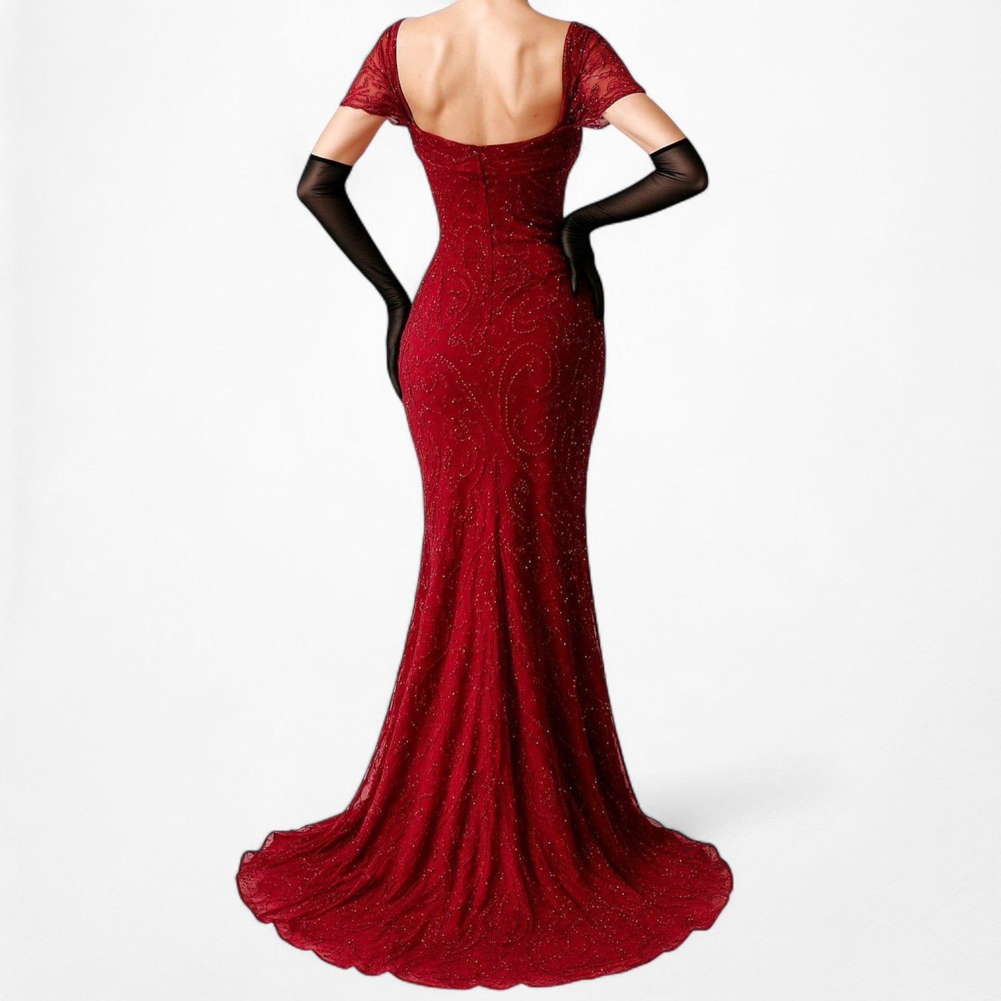 Vintage Red Beaded Fit Flared Silk Bodycon Maxi Prom Scarf Dress Size S/M