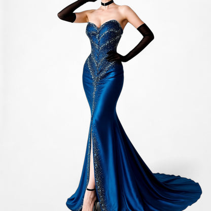 Vintage Navy Blue Strapless Beaded Mesh High Low Maxi Prom Dress Size M