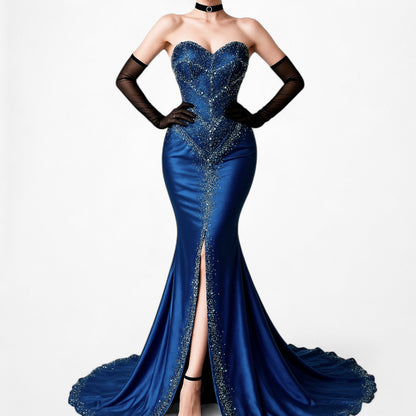 Vintage Navy Blue Strapless Beaded Mesh High Low Maxi Prom Dress Size M