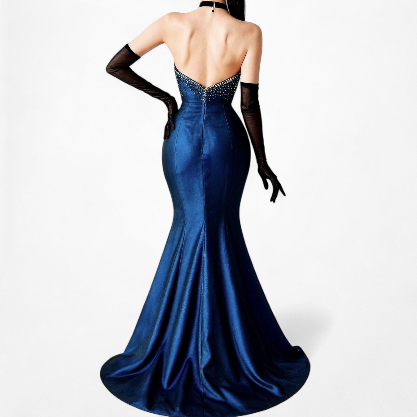 Vintage Navy Blue Strapless Beaded Mesh High Low Maxi Prom Dress Size M