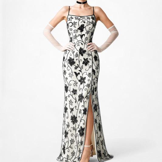 Vintage White Black Floral Beaded Silk Bodycon Side Slit Maxi Formal Prom Dress Size S