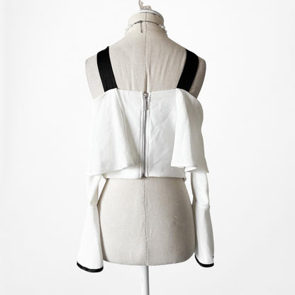 Backstage White Black Bow Tie Cold Shoulder Bell Sleeve Blouse Top Size S