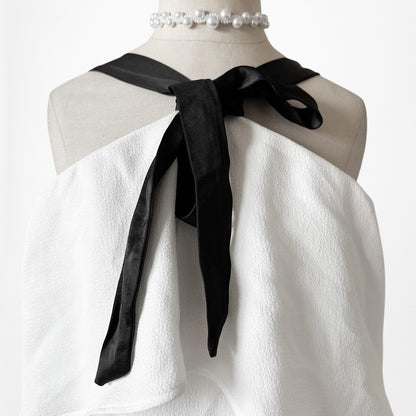 Backstage White Black Bow Tie Cold Shoulder Bell Sleeve Blouse Top Size S