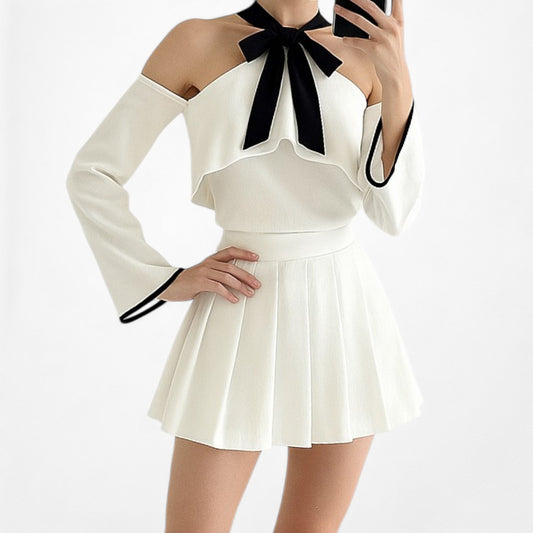 Backstage White Black Bow Tie Cold Shoulder Bell Sleeve Blouse Top Size S